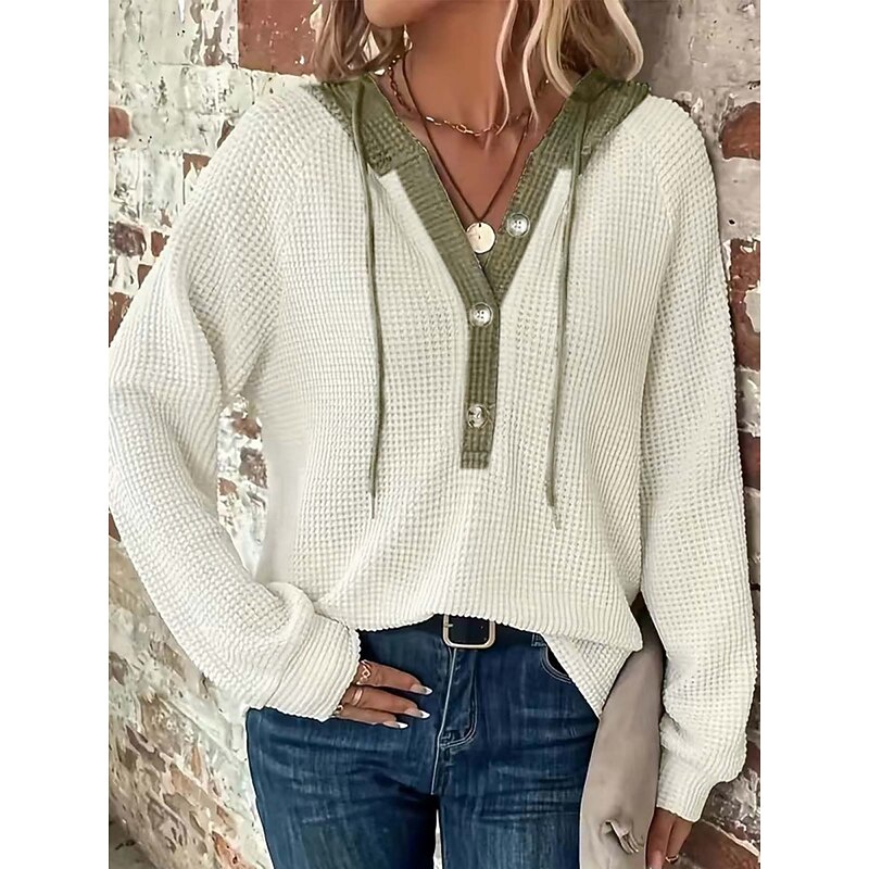 Women's Blouse Solid Color Stylish Casual Long Sleeve Hooded Regular Tops Daily Patchwork Buttons Black White Pink Gray Spring Fall Winter
