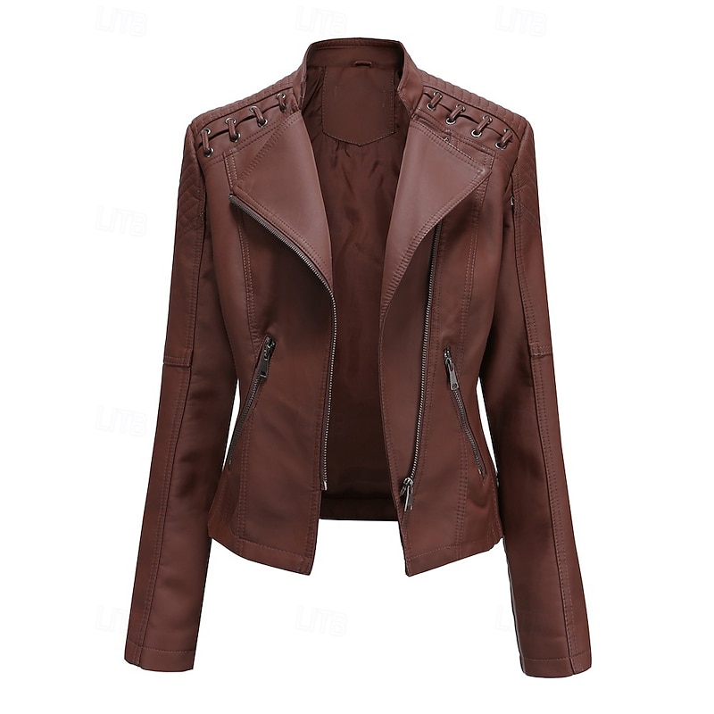 Women's Faux Leather Jacket Comfortable Zipper Pocket Casual Plain Vacation Daily Wear Going out Weekend Regular Turndown Regular Fit Long Sleeve Outerwear Black Pink Red Spring Fall4