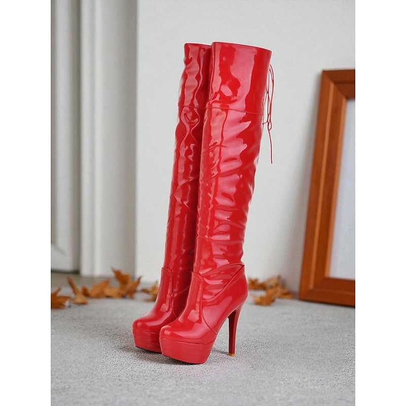Women's Red Patent Leather Over the Knee Platform Stiletto Boots - Sexy High Heel Footwear for Nightlife & Club Parties4