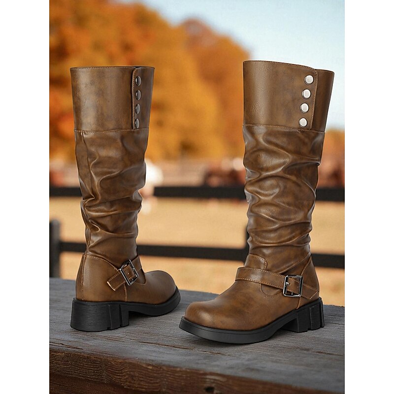 Women's Brown Faux Leather Slouch Knee High Boots - Chunky Heel Riding Style with Buckle Strap and Metal Button Accents for Outdoor Casual Activities and Streetwear4