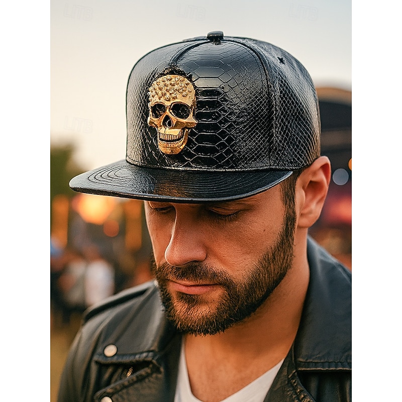 Men's Halloween Skull Embellished Faux Leather Baseball Cap, Punk Rock Style Snapback Hat for Parties, Festivals and Cosplay