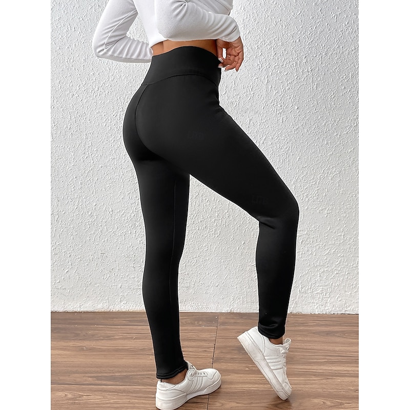 Women's Fleece Pants Chinos Leggings Vacation Vintage Fashion Full Length High Waist Solid Color Plain Comfy Soft Comfortable Stretchy Outdoor Street Black Summer Spring Fall Slim Fit Regular Fit3