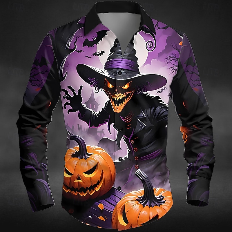 Halloween Men's Pumpkin Witch Jack-o'-lantern Shirt Button Up Shirt Long Sleeve Dark Gothic Style Holiday Streetwear Spring Fall Turndown 3D Print Collared Shirts Blue Purple