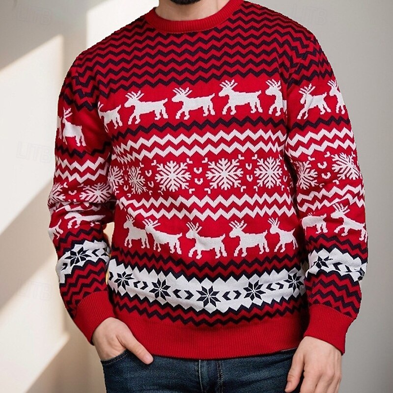 Christmas Men's Elk Geometic Pullover Sweater Jumper Fair Isle Sweater Knitwear Crewneck Casual Vacation Daily 3D Print Keep Warm Long Sleeve Spring Fall Winter Red -1 Red -2 Red -32