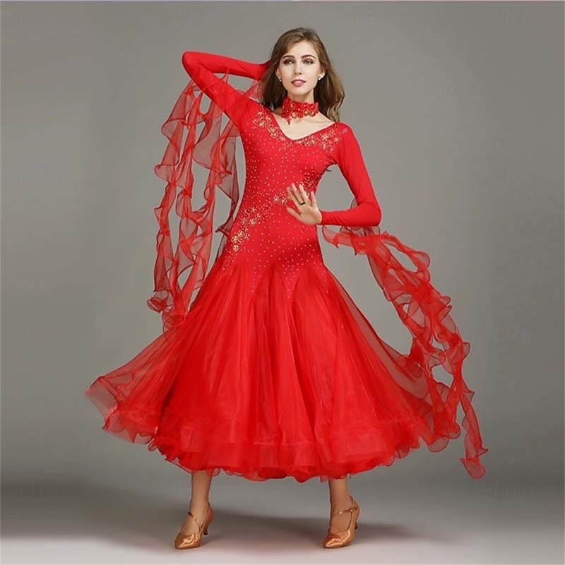 Women's Long Sleeve Waltz Modern Ballroom Dance Dress Competition Dresses3