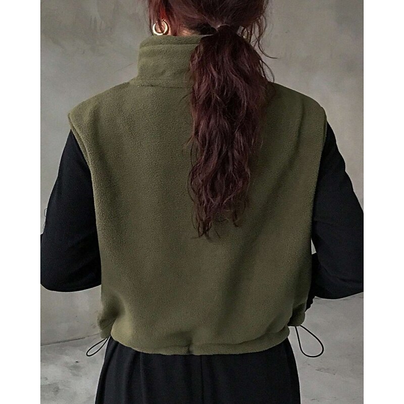 Women's Zip Up Sweatshirts Plain Fashion Casual Sleeveless High Neck Regular Tops Street Casual Holiday Zipper Pocket Army Green Fall Winter3