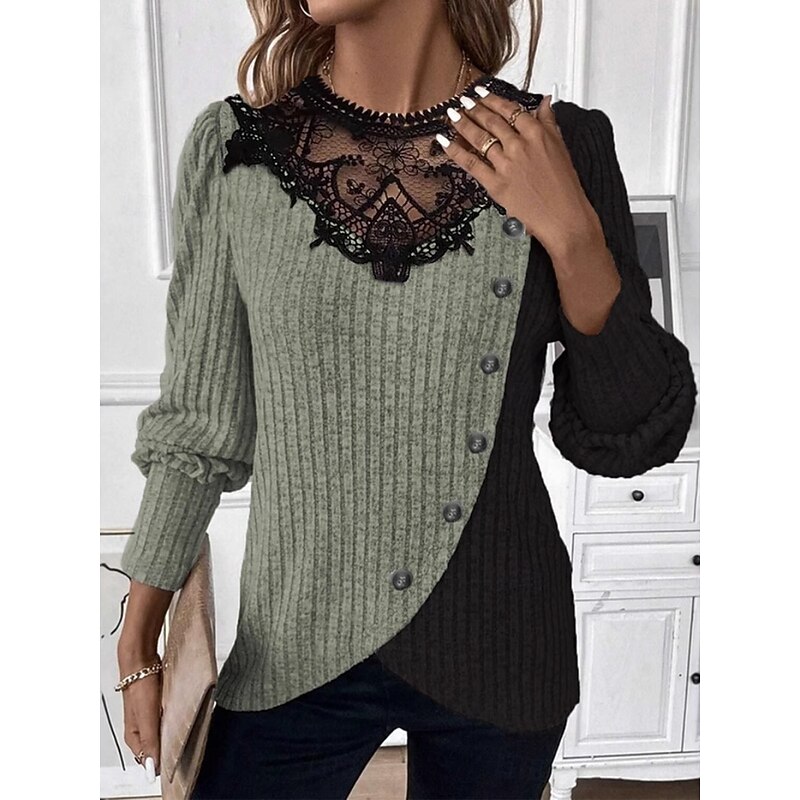 Women's Blouse Solid Color Stylish Casual Long Sleeve Crew Neck Regular Tops Daily Lace Patchwork Pink Green Gray Spring Fall Winter3