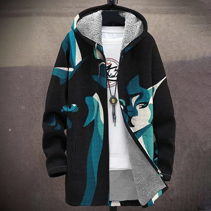 Men's Animal Cat Winter Coat Fleece Jacket Coat Thermal Warm Comfortable Casual Daily Wear Zipper Pocket 3D Print Fall Winter Hooded Long Sleeve Black Rainbow2