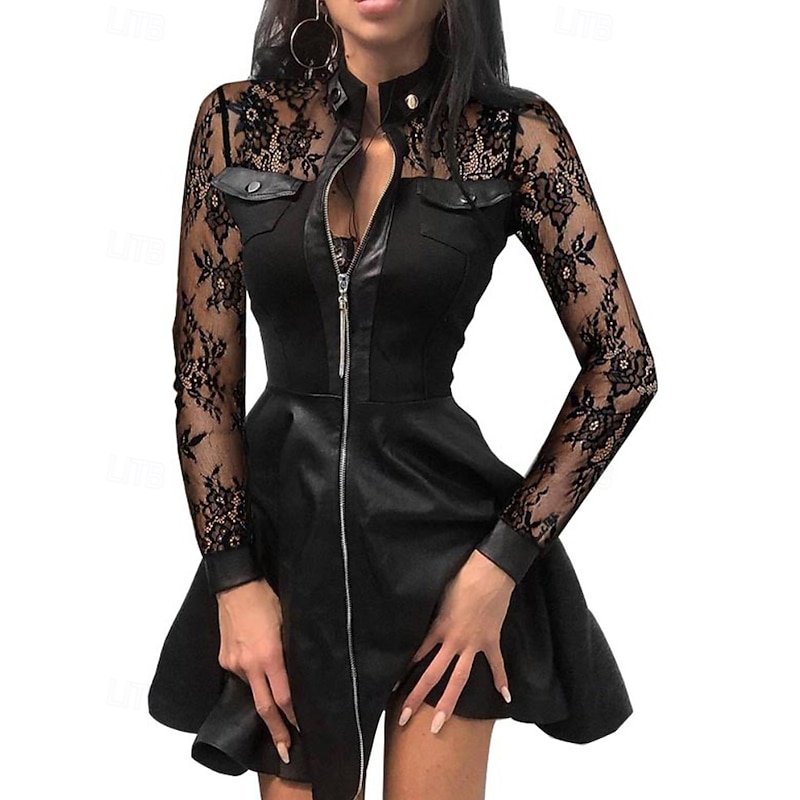 Women's Mini Dress Black Dress Lace Dress Leather Dress Fashion Modern Holiday Going out Club Regular Fit Plain Long Sleeve Stand Collar Black Spring Fall