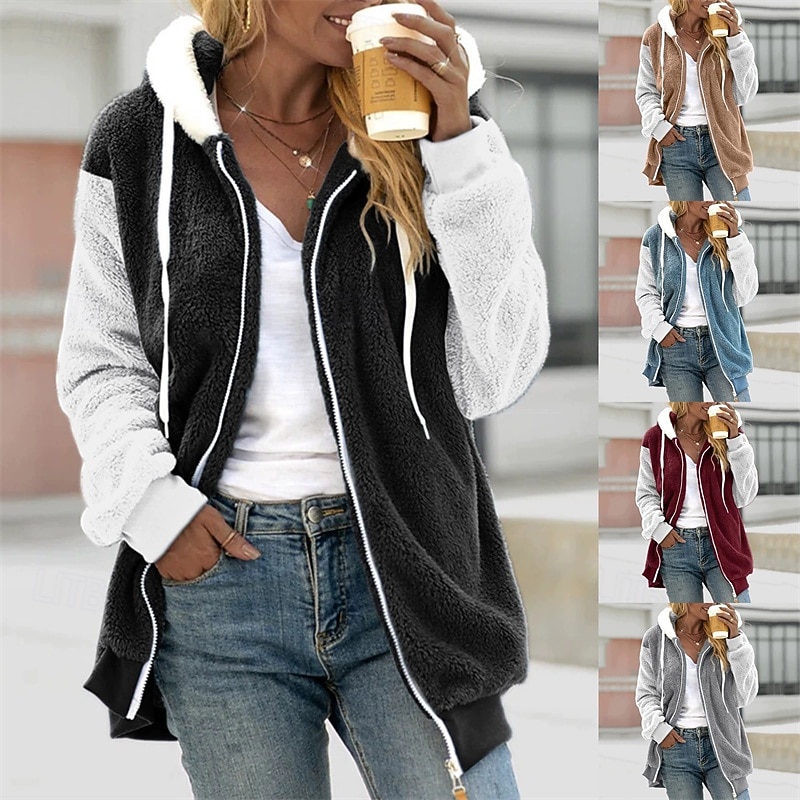 Women's Casual Jacket Comfortable Breathable Zipper Pocket Casual Color Block Vacation Street Casual Daily Wear Zipper Long Hooded Loose Fit Long Sleeve Outerwear White Burgundy Blue Spring Fall
