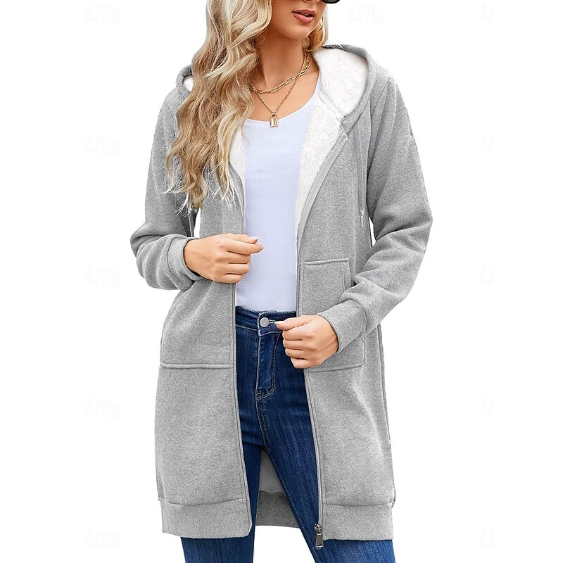 Women's Winter Coat Sherpa Jacket Comfortable Breathable Pocket Casual Plain Vacation Street Casual Daily Wear Zipper Long Hooded Regular Fit Long Sleeve Outerwear Black Wine Navy Blue Spring Fall3