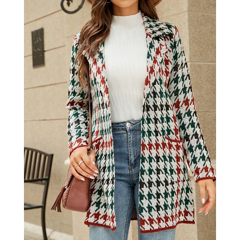 Women's Blazer Comfortable Pocket Casual Plaid Vacation Street Going out Weekend Long Turndown Regular Fit Long Sleeve Outerwear Khaki Light Grey Dark Gray Fall Winter3