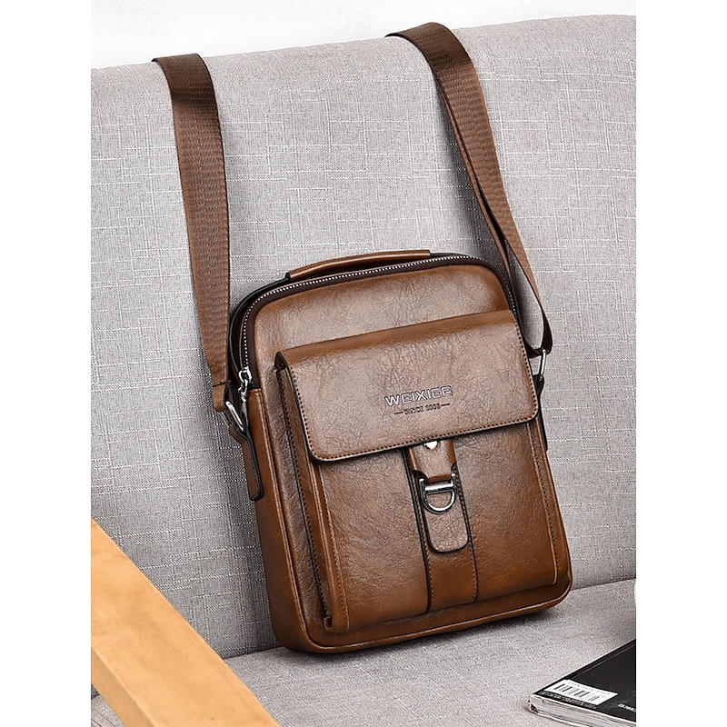 Men's Brown Black Faux Leather Crossbody Shoulder Bag – Vintage Messenger Satchel with Top Handle, Casual Business Travel Handbag3