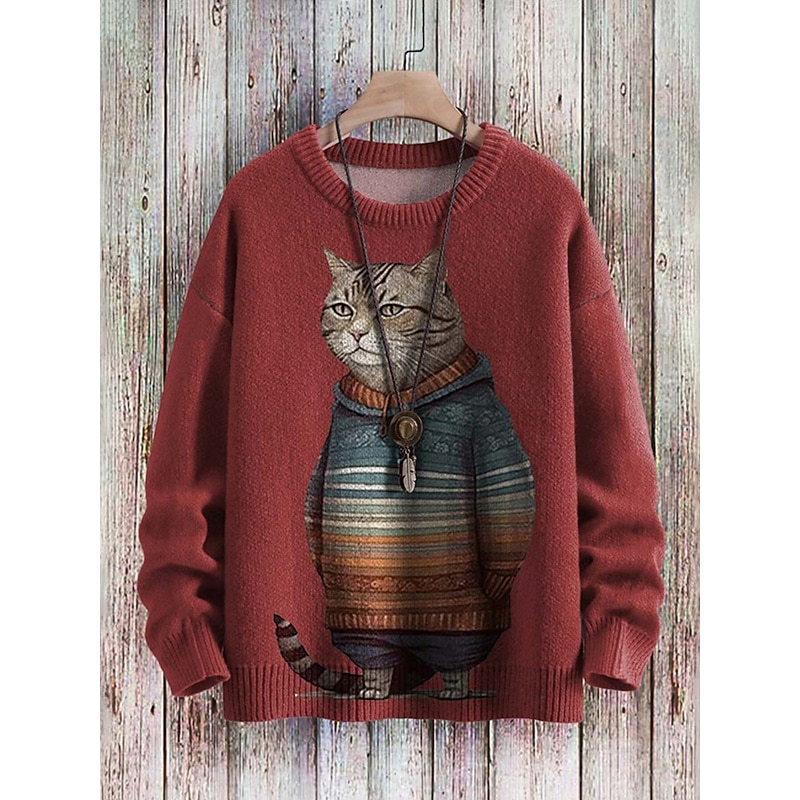 Women's Sweater Cute Casual Soft Animal Ribbed Crew Neck Knitted Print Long Sleeve Regular Tops Knit Outdoor Daily Weekend Blue Brown Fall Winter