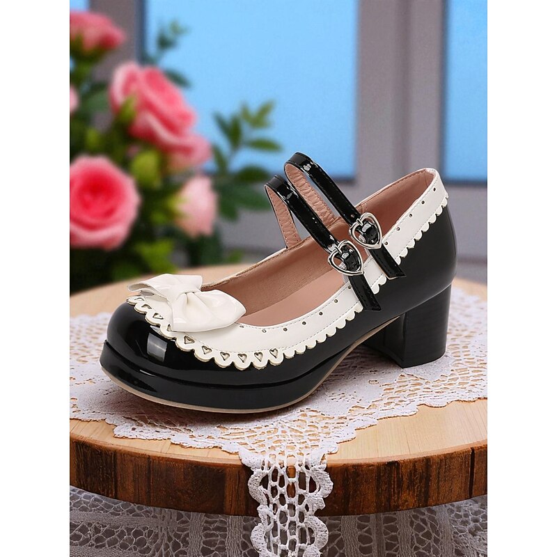 Women's 1950s Black and White Faux Patent Bow Mary Jane Shoes – Double Strap Lolita Vintage Chunky Heel Pumps for Girls' Tea Party, School Uniform, and Cosplay Outfits2