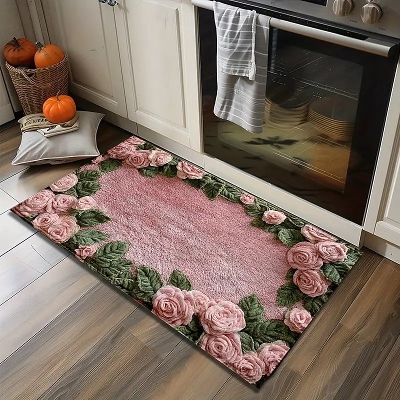 Doormat Faux Cashmere Entryway Rug Non-Slip Latex Dotted Backing, 3D Printed Rose Floral Accent Floor Mat, Washable Front Door Mat for Entry, Porch, Bedroom, Kitchen