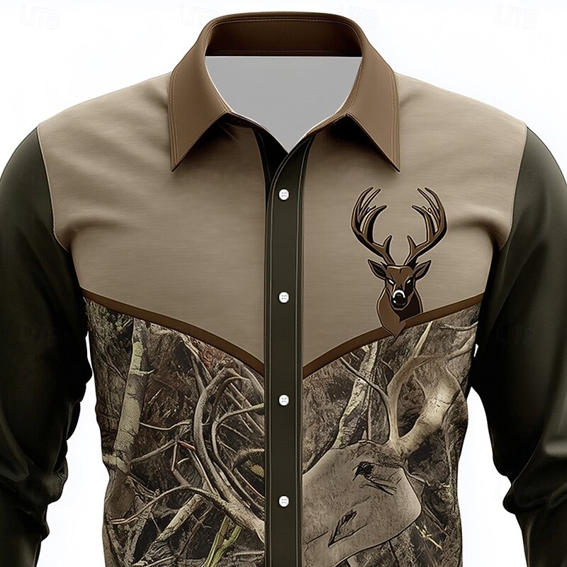 Men's Camo Reindeer Camouflage Shirt Button Up Shirt Long Sleeve Vintage Retro Outdoor Camping & Hiking Hunting Spring Fall Turndown 3D Print Linen Like Shirt Camouflage khaki Khaki3
