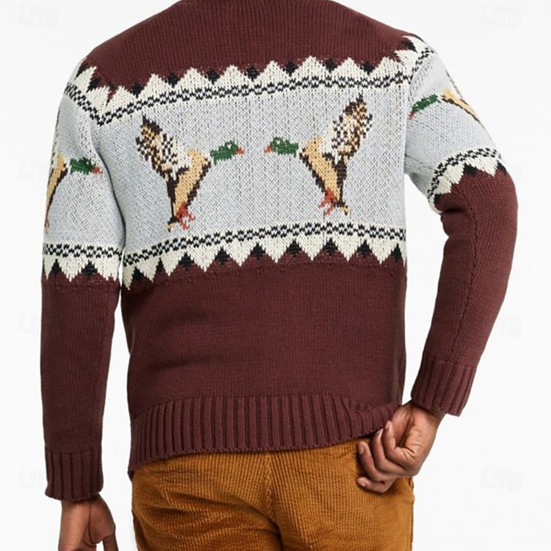 Men's Bird Fair isle Sweater Pullover Sweater Jumper Knitwear Crewneck Casual Vacation Daily 3D Print Keep Warm Long Sleeve Spring Fall Winter Brown2