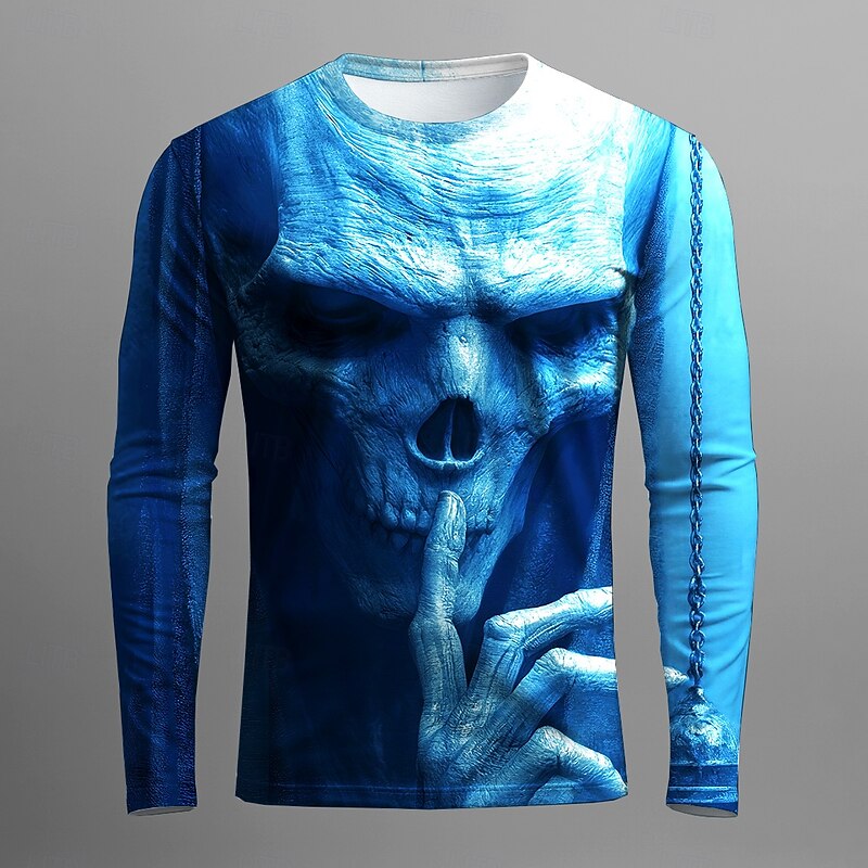 Halloween Men's Skull Optical Illusion 3D T Shirt Long Sleeve T shirt 3D Print Crew Neck Shirt Fashion Exaggerated Street Casual Daily Light Blue Blue Green Summer Spring Fall Clothing Apparel S M L3