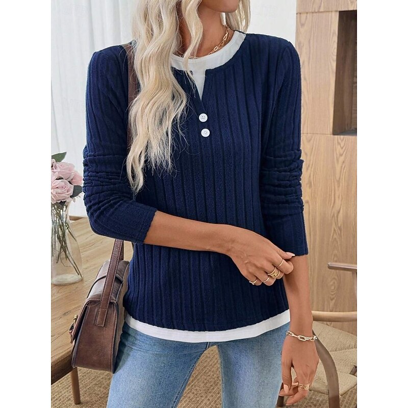 Women's Blouse Solid Color Stylish Casual Long Sleeve Crew Neck Regular Tops Daily Patchwork Buttons Black Red Navy Blue Gray Spring Fall Winter3