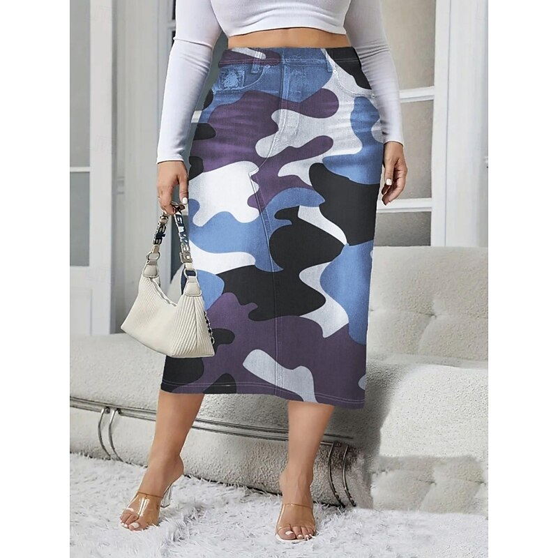 Women's Skirt Bodycon Fashion Casual Knee-length High Waist Skirts Camouflage Pocket Print Micro-elastic Street Daily Purple Green Fall Polyester Denim3