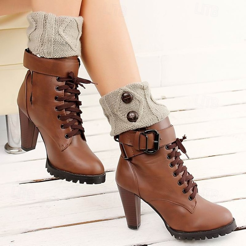 Women Winter Knit Boot Cuffs with Buttons, Fashion Diamond Pattern Short Leg Warmers, Warm Crochet Sock Covers for Boots