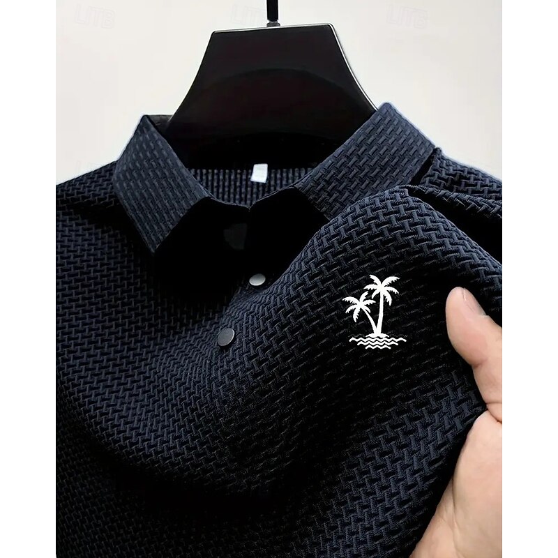 Men's Golf Shirt Golf Polos Shirts Work Casual Lapel Short Sleeve Basic Modern Coconut Tree Jacquard Buttons Summer Regular Fit White Navy Blue Blue Light Grey Golf Shirt2
