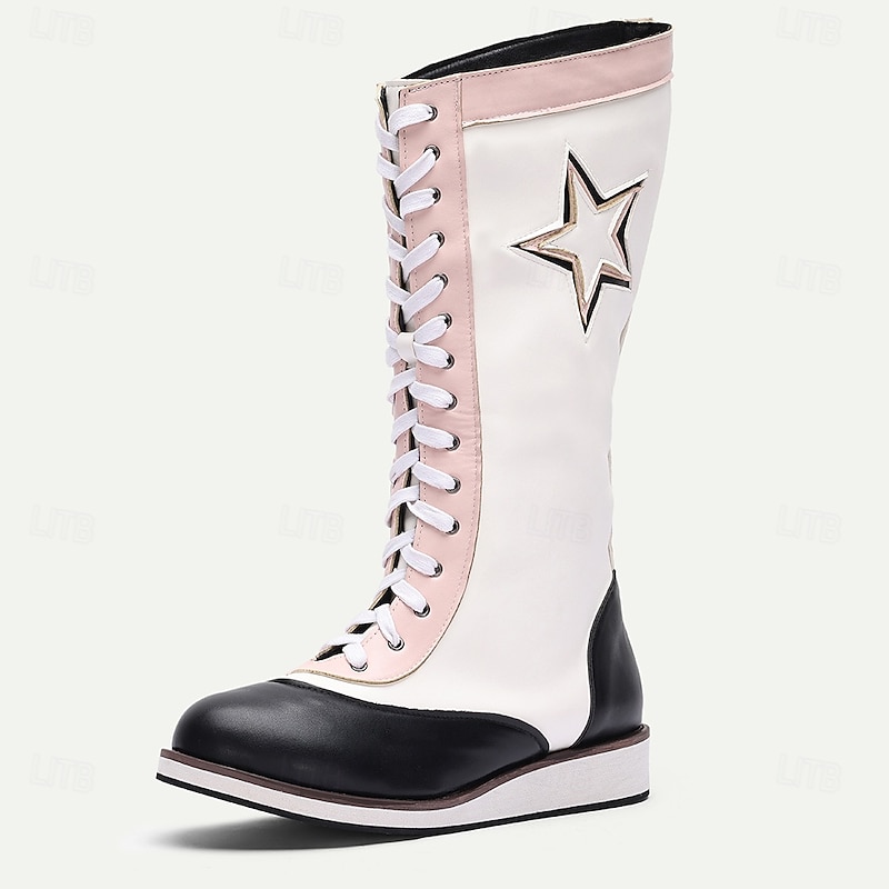 Men's White and Black Tall Lace-Up Cosplay Boots with Pink Star Patch and Contrasting Toe Cap, Unique Costume Style for Performances, Festivals and Themed Parties3