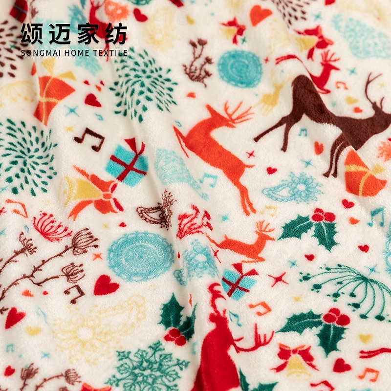 Christmas Flannel Blanket, Double-Sided Printed Throw with Pom Poms, Autumn Winter Cozy Blanket for Home, Cross-Border Blanket2