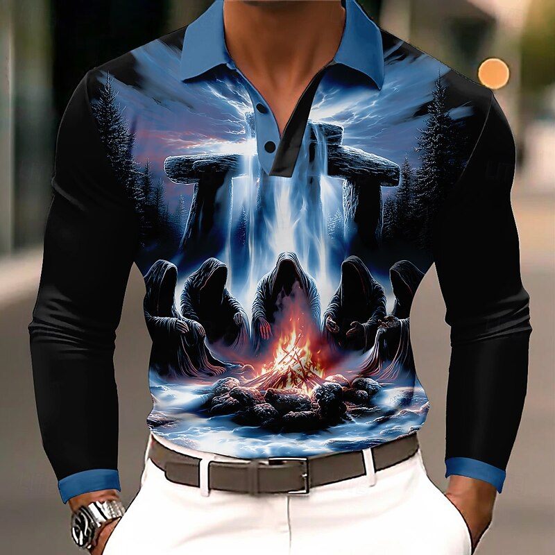 Men's Jesus Polo Long Sleeve Polo Shirts Lapel Vintage Casual Athleisure Daily Wear 3D Print Buttons Spring Fall Winter Blue