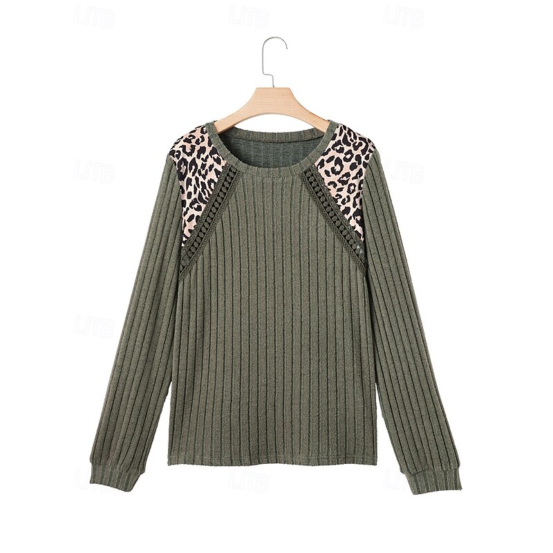 Women's Sweater Pullover Casual Soft Leopard Ribbed Crew Neck Patchwork Knitted Long Sleeve Regular Tops Knit Holiday Going out Weekend Green Fall4