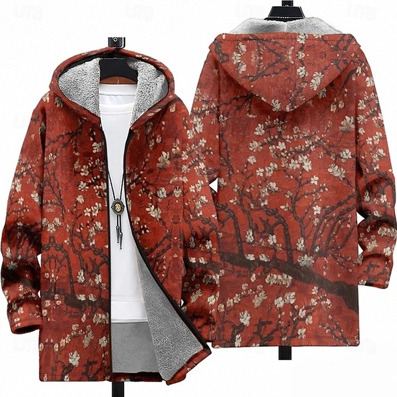 Men's Scenery Winter Coat Fleece Jacket Coat Thermal Warm Comfortable Casual Daily Wear Zipper Pocket 3D Print Fall Winter Hooded Long Sleeve Red Green2
