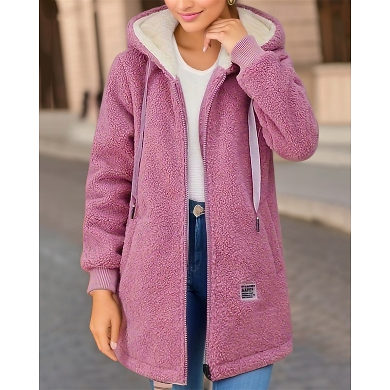 Women's Winter Jacket Fleece Jacket Casual Jacket Warm Comfortable Pocket Buttons Casual Plain Vacation Street Casual Daily Wear Zipper Long Hooded Regular Fit Long Sleeve Outerwear Pink Blue Green