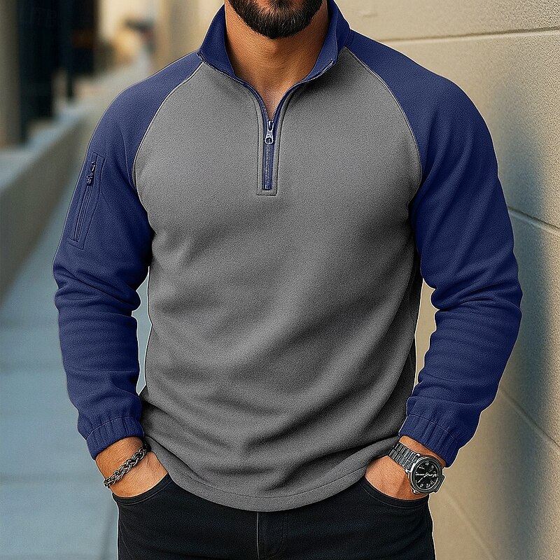 Men's Zip Hoodie Sweatshirt Quarter Zip Hoodie Tactical Army Green Navy Blue Standing Collar Plain Zipper Pocket Color Block Tactical Sports & Outdoor Daily non-printing Streetwear Cool Casual Fall4