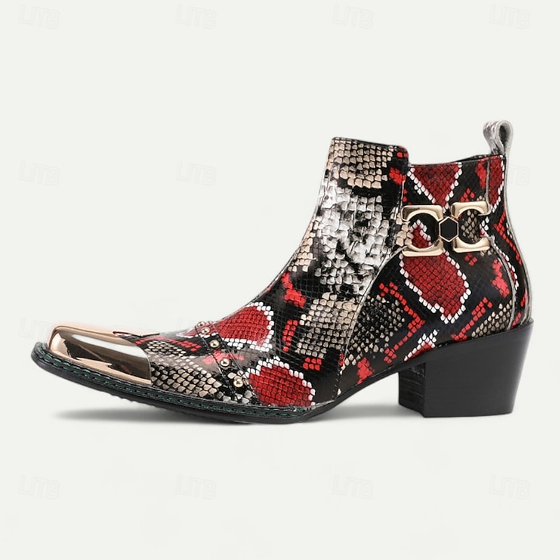 Men's Red and Black Snake Print Leather Boots – Exotic Pointed Toe Ankle Boots with Metal Cap for Weddings, Gatsby Parties and Evening Outfits4
