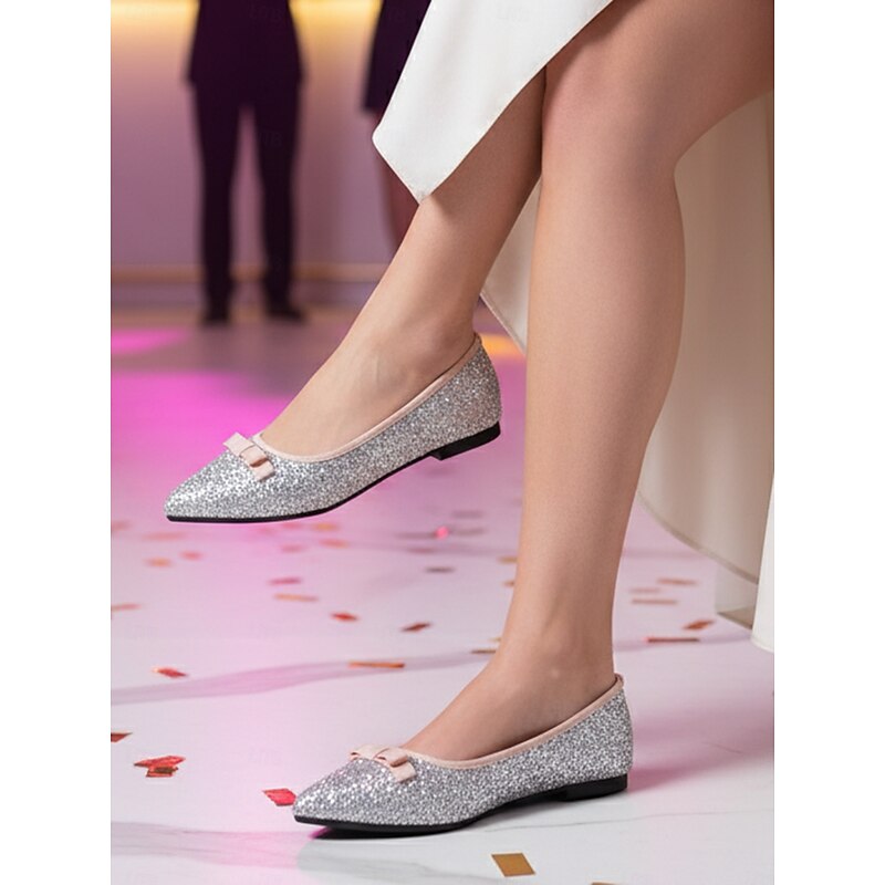 Women's Silver Glitter Pointed Toe Flats with Bow Detail - Elegant Cocktail Party and Formal Occasion Shoes2