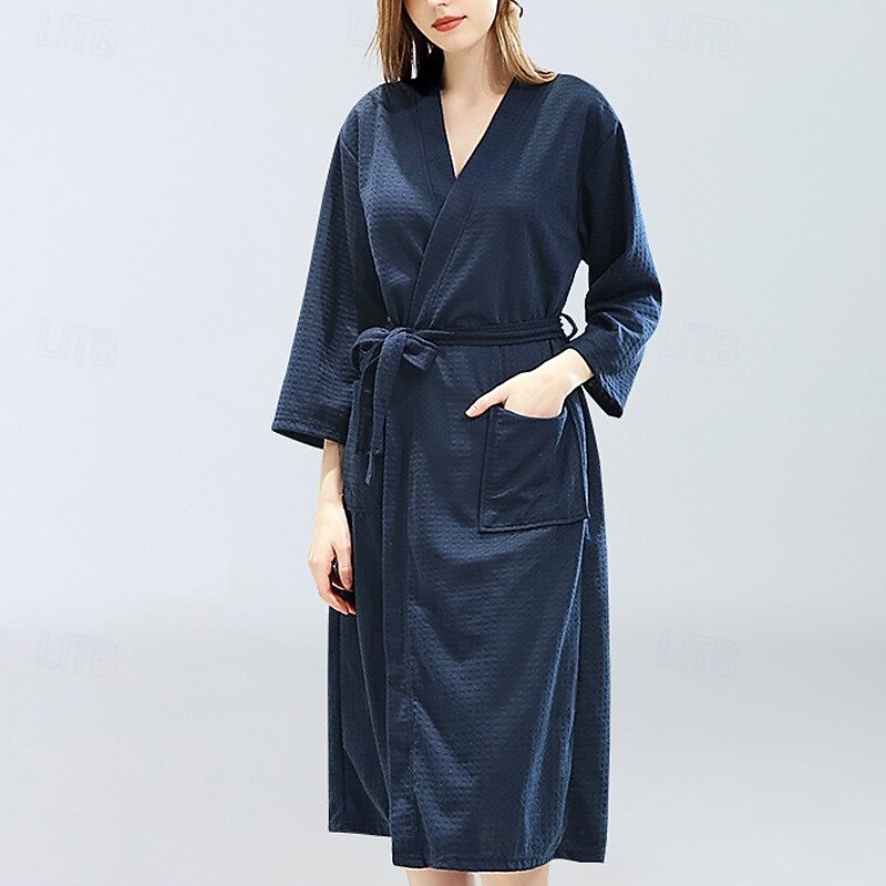 Women's Pajamas Robe Fashion Casual Pure Color Pocket Vacation Home Bed Long Sleeve V Neck White Pink Navy Blue Gray Light Blue Summer Spring Fall Tailored Fit4