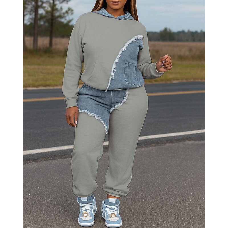 Women's 2 Piece Tracksuit Lounge Hoodie Sweatsuit Sets Baggy with Pocket Color Block Clothing Suit Fall White Blue Hiking Vocation Outdoor Long Sleeve Sport Activewear Micro-elastic Regular Fit4