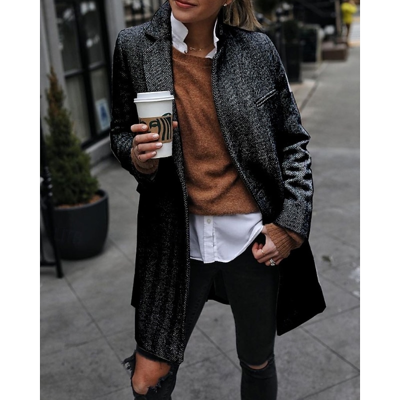 Women's Winter Coat Coat Warm Comfortable Pocket Buttons Casual Plaid Vacation Street Casual Daily Wear Long Turndown Regular Fit Long Sleeve Outerwear Black Apricot Fall Winter3