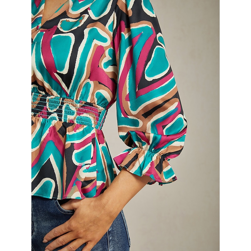 Colorful Abstract Print Satin Top with Cinched Waist3