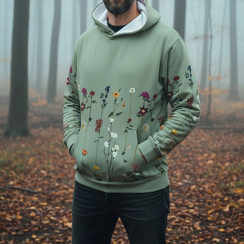 Halloween Men's Boho Paisley Damask Flower / Floral Hoodie Fashion Daily Hooded Vacation Party Streetwear White Green Printing Fall Winter Designer2
