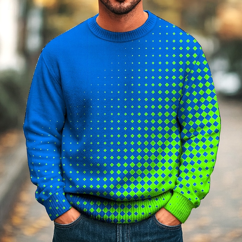 Men's Geometic Pullover Sweater Jumper Knitwear Crewneck Casual Vacation Daily 3D Print Knitting Keep Warm Long Sleeve Fall Winter Navy Blue Blue Orange3