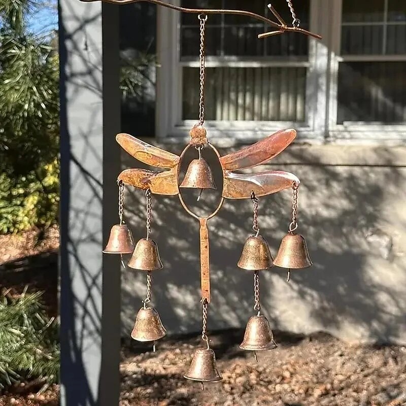 Vintage Dragonfly Wind Chime with Bells Copper-Colored Iron Decorative Hanging Ornament for Patio, Living Room, Coffee Shop, Balcony Vintage Nature-Inspired Design for Garden Lovers2