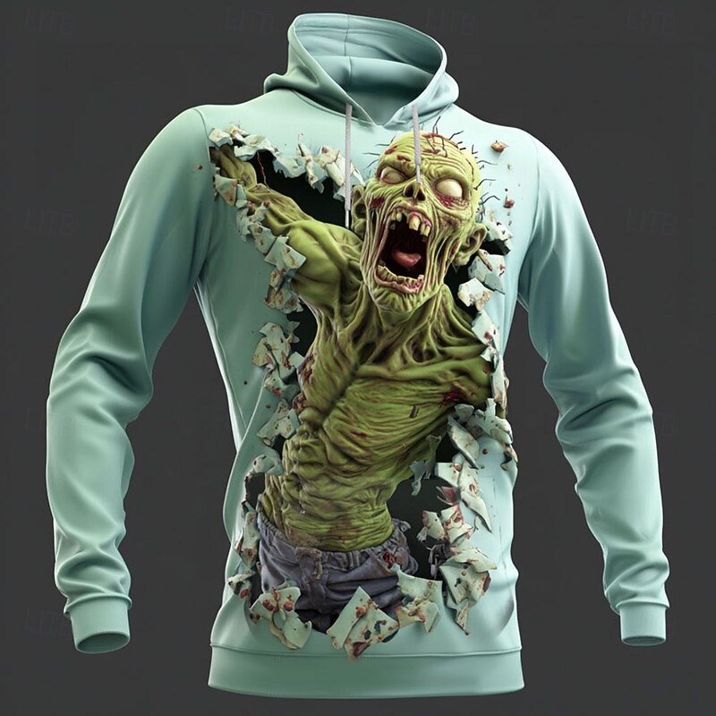 Halloween Men's Optical Illusion Zombies 3D Hoodie Sweatshirt Punk Exaggerated Crew Neck Club Streetwear Lake blue Blue Drawstring Fall Winter Designer