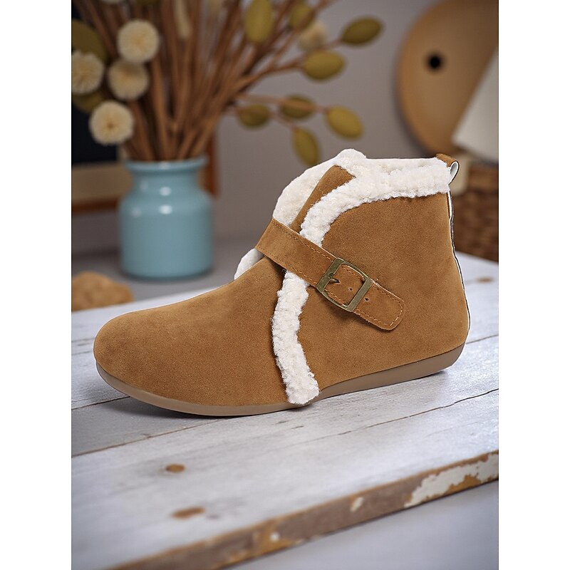 Women's Brown Faux Suede Ankle Boots with Shearling Lining and Buckle Strap – Warm Winter Casual Shoes for Winter Outdoor and Casual Wear2