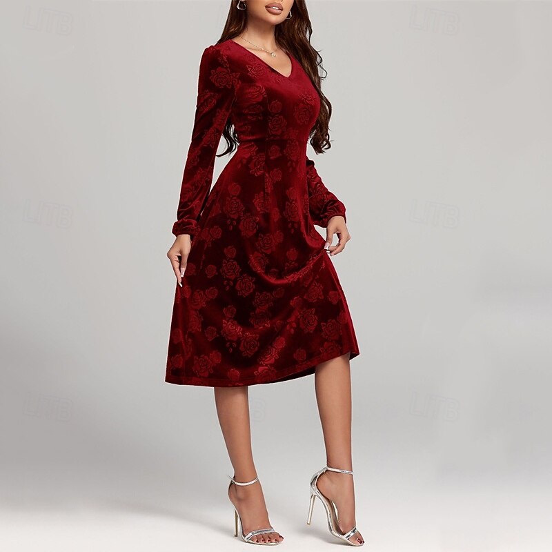 Women's Midi Dress Velvet Dress Cocktail Dress Elegant Fashion Modern Outdoor Party Party Evening Wear Regular Fit Floral Plain Long Sleeve V Neck Red Purple Green Spring Autumn3