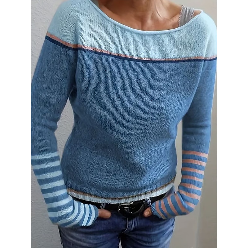 Women's Sweater Casual Soft Striped Ribbed Boat Neck Knitted Long Sleeve Regular Tops Knit Outdoor Daily Weekend Blue Purple Fall Winter