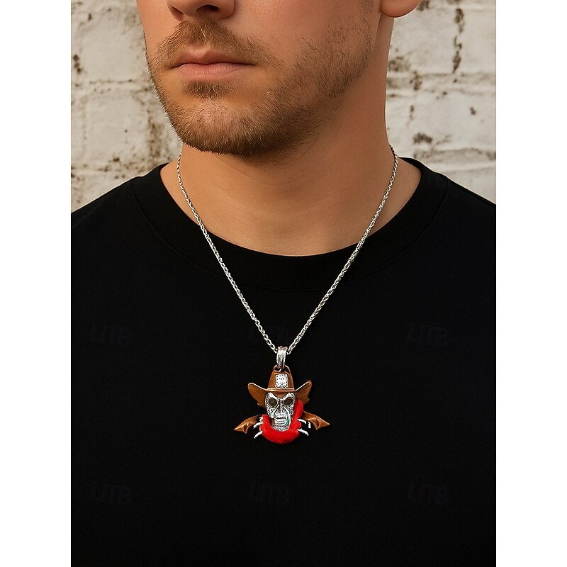 Men's Halloween Alloy Cowboy Skull Pendant Necklace – Gothic Punk Skeleton Jewelry with Hat and Scarf for Party, Cosplay and Nightlife Fashion2