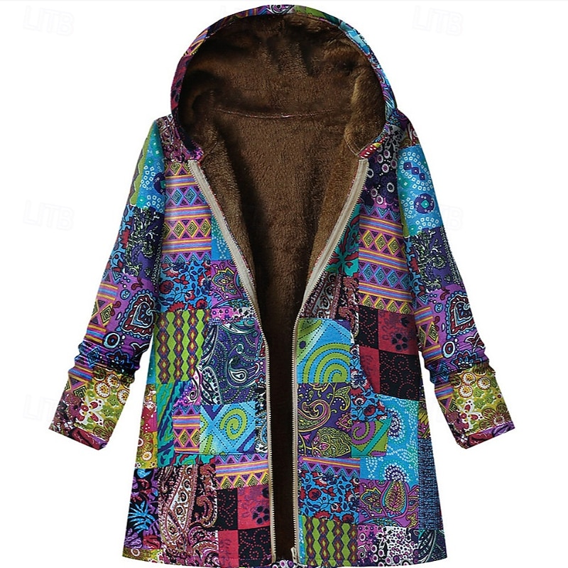 Women's Sherpa Jacket Casual Jacket Comfortable Breathable Print Casual Geometric Vacation Street Casual Daily Wear Open Front Regular Hooded Regular Fit Long Sleeve Outerwear Yellow Pink Blue Spring2