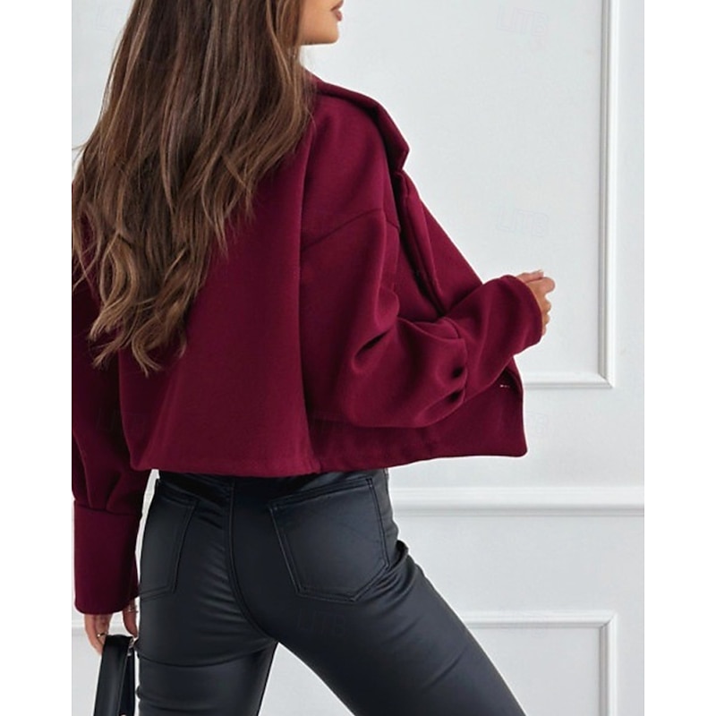 Women's Casual Jacket Warm Comfortable Buttons Fashion Outdoor Plain Going out Weekend Single Breasted Regular Lapel Regular Fit Long Sleeve Outerwear Black White Burgundy Fall Winter4